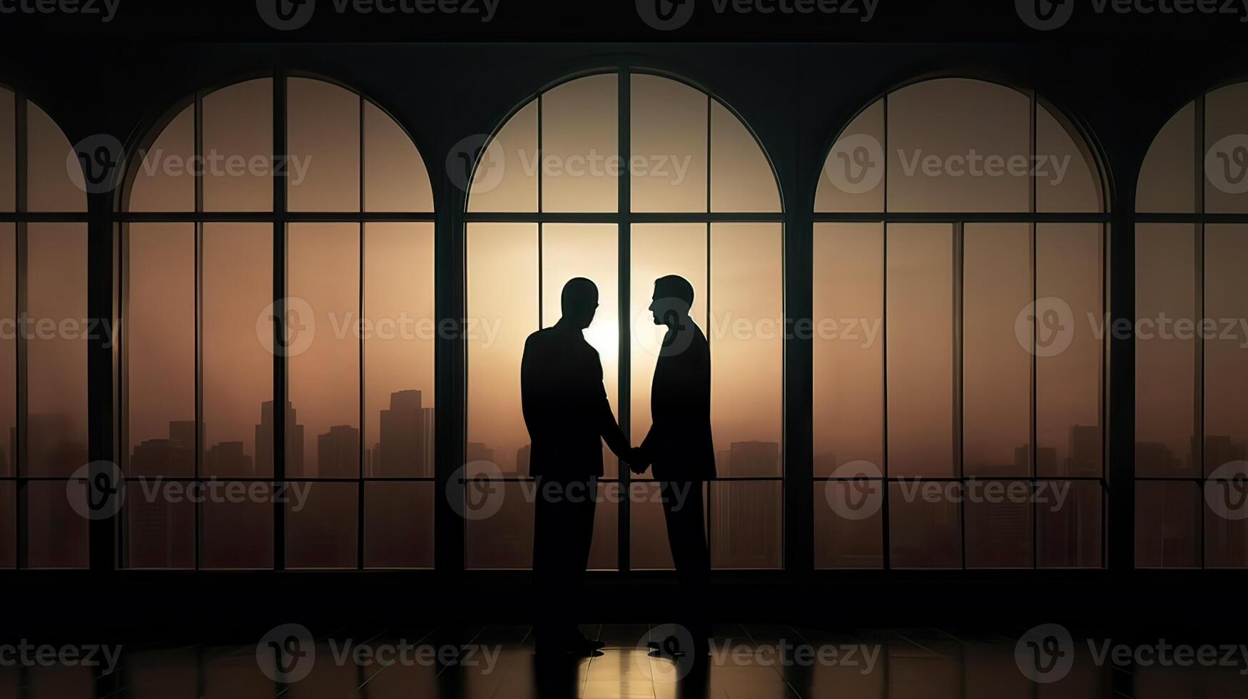 silhouettes deux les hommes d'affaires poignée de main dans la coopération accord concept à Bureau et réussi affaires partenaire. affaires homme tremblement mains à joint une traiter avec le sien partenaire. génératif ai. photo