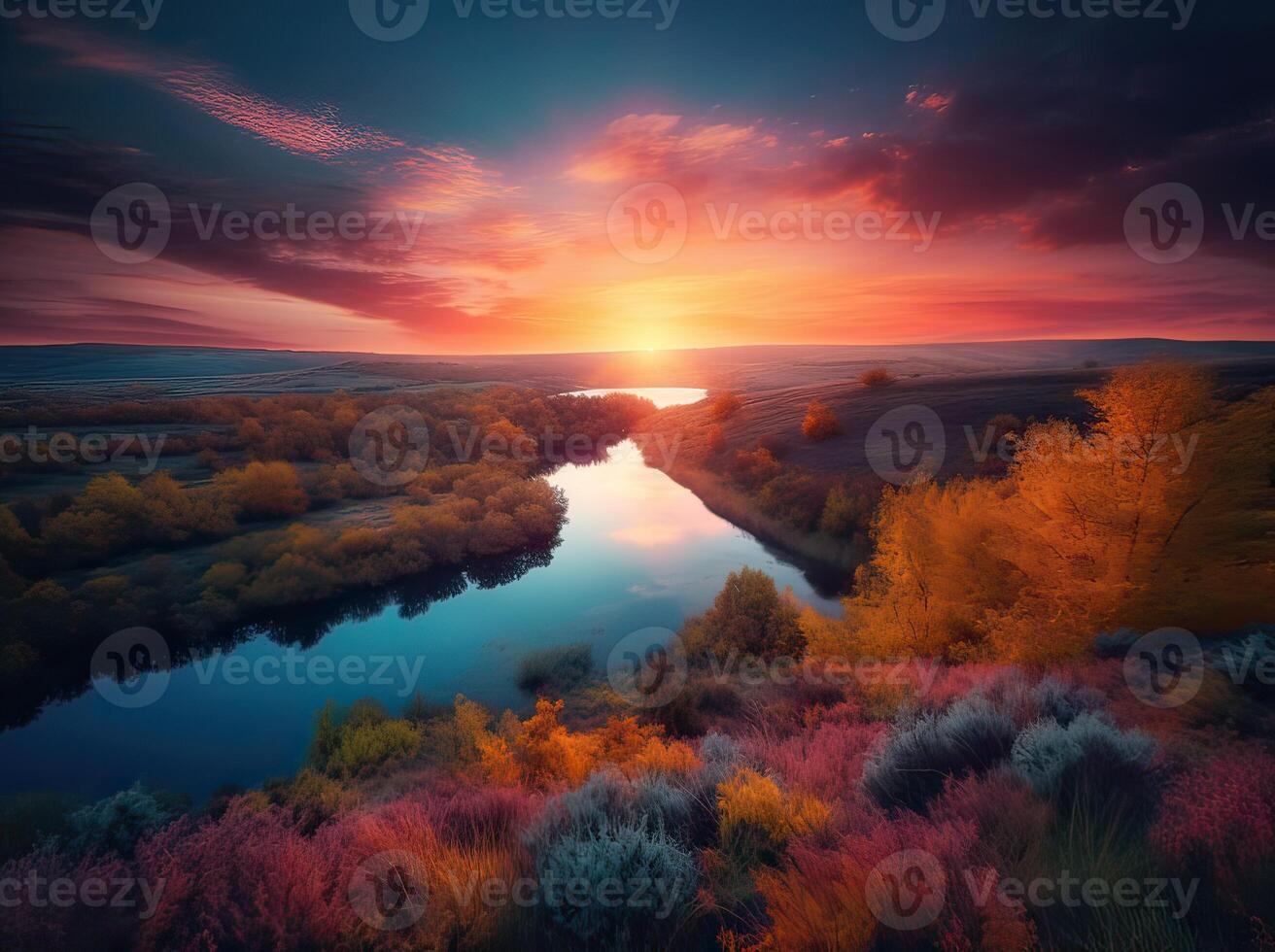 rouge le coucher du soleil sur le bord de mer avec le sable et vert herbe, gros violet et rouge des nuages. génératif ai. photo