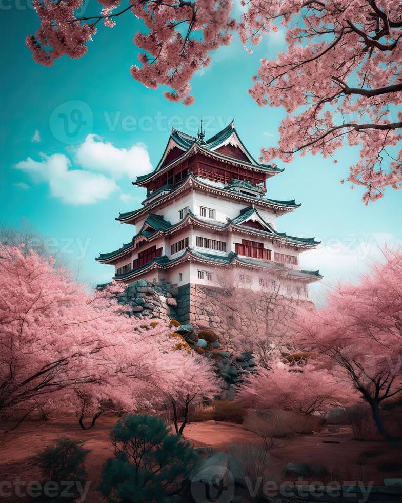 Japonais Château et magnifique rose Cerise fleurir. génératif ai. photo