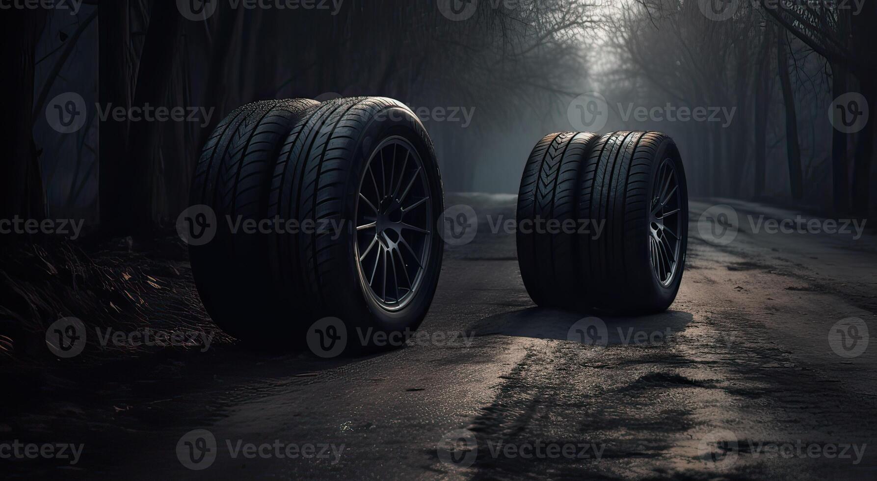 Nouveau voiture pneus. groupe de route roues sur foncé Contexte. été pneus avec asymétrique bande de roulement conception. conduite voiture concept. génératif ai. photo