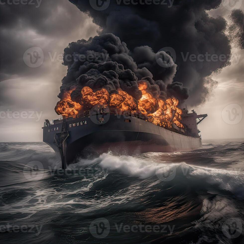 Feu sur une cargaison bateau. une navire porter liquéfié gaz est englouti dans flammes. explosion et Feu sur une gaz transporteur sur le haute mers. génératif ai. photo