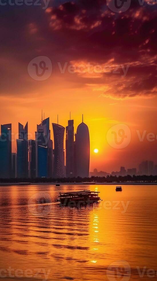 grattes ciels de Doha, Qatar dans de face de le Ouest baie pendant le coucher du soleil ou lever du soleil. incroyable touristique destination, génératif ai technologie. photo