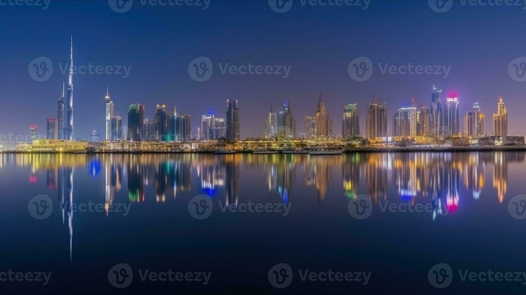 panorama vue de Dubai horizon reflétant dans le l'eau pendant nuit temps. incroyable touristique destination, génératif ai technologie. photo