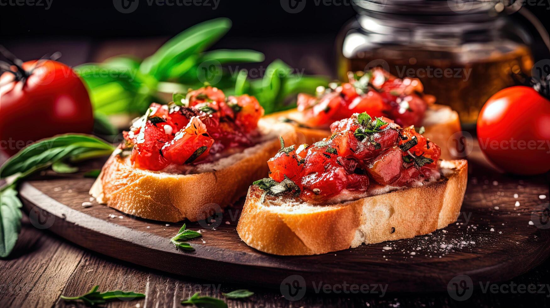 italien nourriture fermer coups de fraîchement cuit Bruschetta avec tomates, basilic et olive pot sur rustique tableau. génératif ai. photo