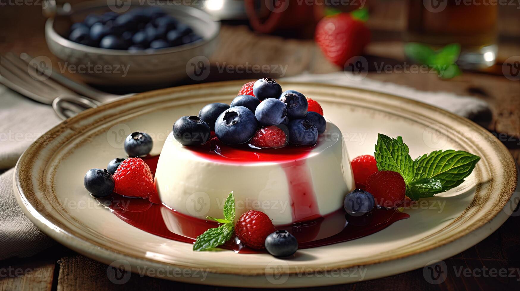 italien nourriture la photographie de délicieux panna cotta avec sirop, framboises, myrtilles et menthe dans plaque. génératif ai technologie. photo