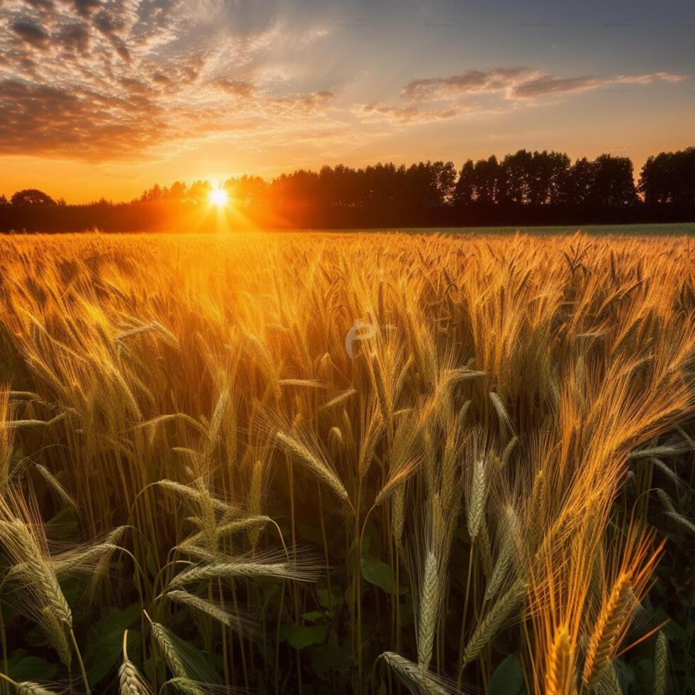 blé champ à le le coucher du soleil ai généré photo