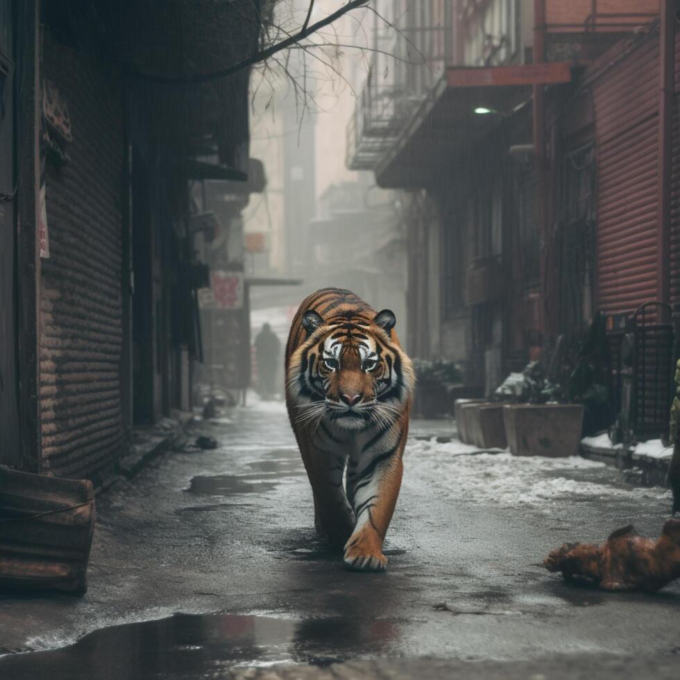 tigre est en marchant vers le bas une ville rue ai généré photo