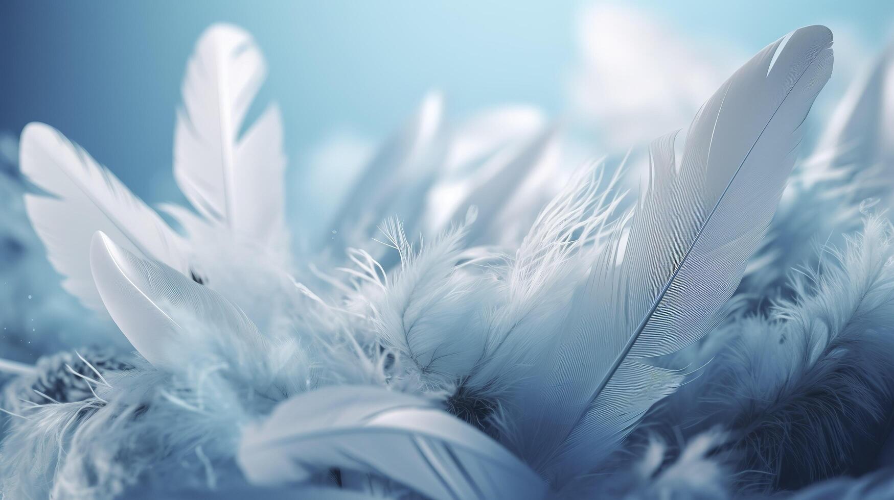 une brillant bleu Contexte avec un blanc plume, dans le style de doux et rêveur pastels, scintillant lumière effets, la nature inspiré imagerie, féerique, doux focal points, ai génératif photo