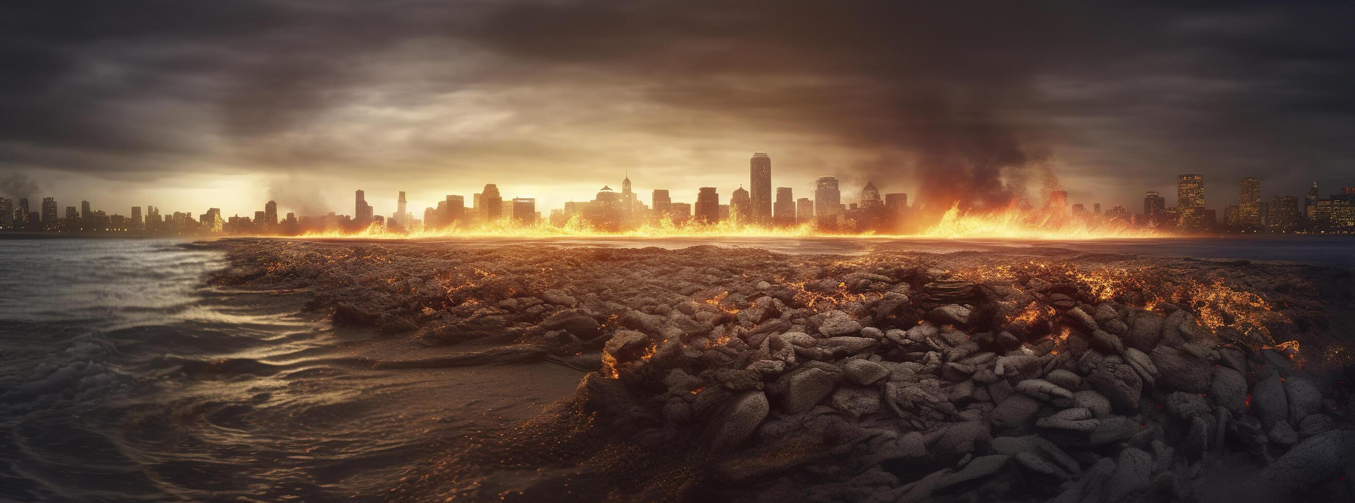 Publier apocalypse. nucléaire apocalypse survivant. ruiné paysage urbain. concept. bannière taille. entête, une nucléaire explosion dans le centre de le métropole. le début de apocalyptique, produire ai photo