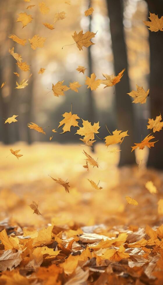 en volant tomber érable feuilles sur l'automne Contexte. chute feuilles, saisonnier bannière avec l'automne feuillage, produire ai photo