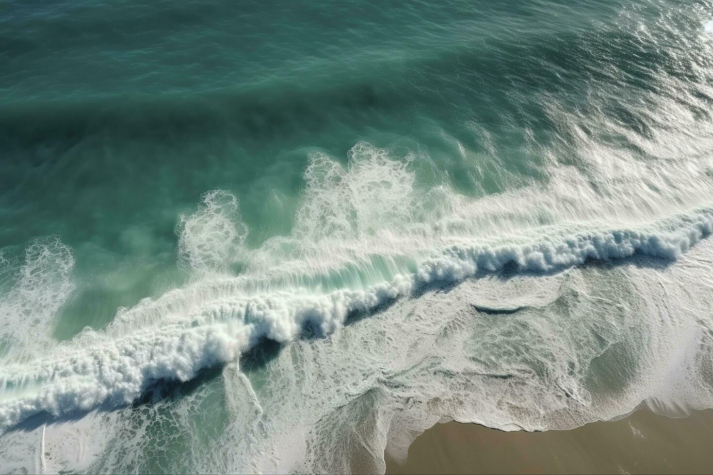 océan vagues sur le plage comme une Contexte. magnifique Naturel été vacances vacances Contexte. aérien Haut vers le bas vue de plage et mer avec bleu l'eau vagues, produire ai photo