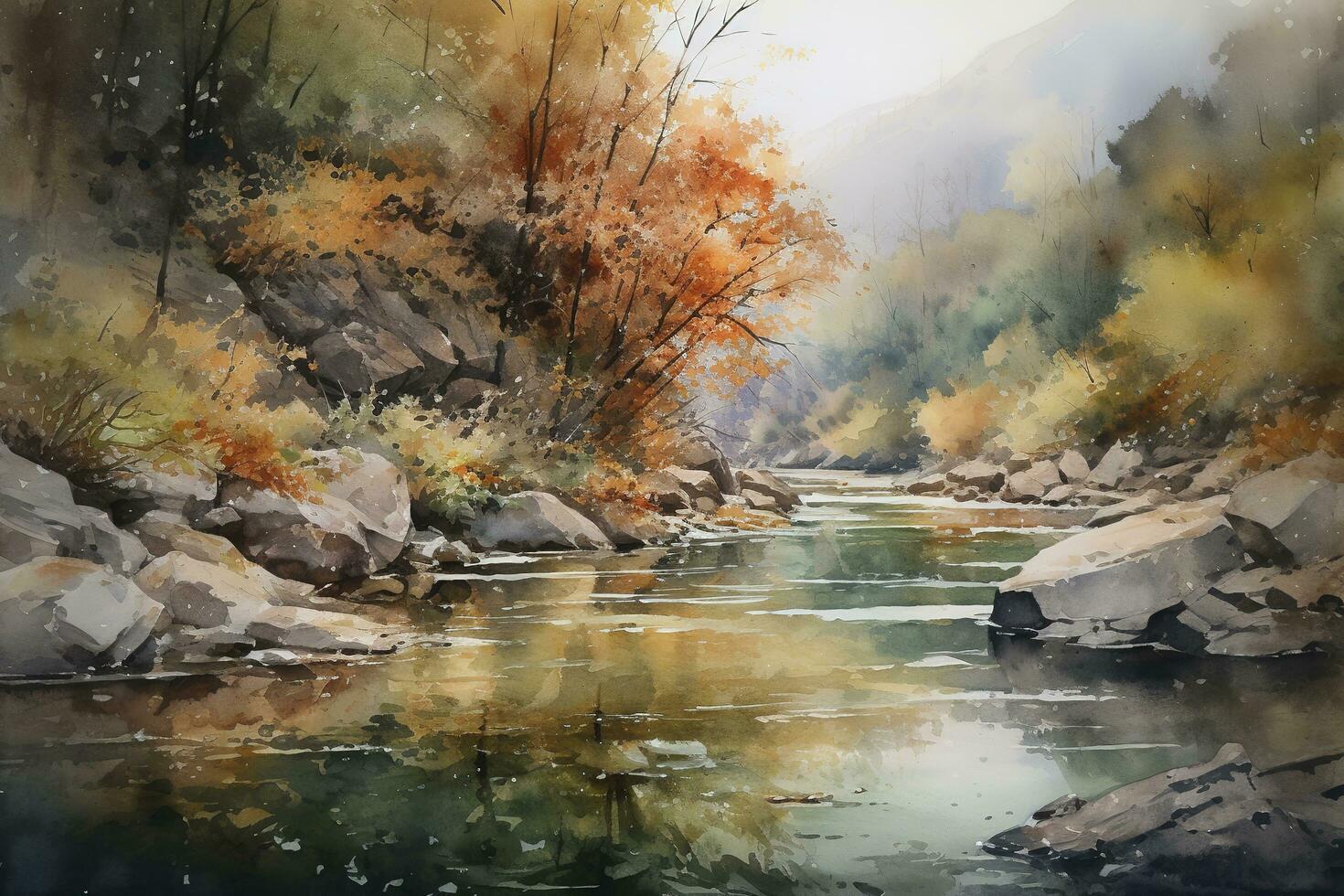 tranquille Montagne scène aquarelle peinture. l'automne couleurs sur blanc Contexte , produire ai photo