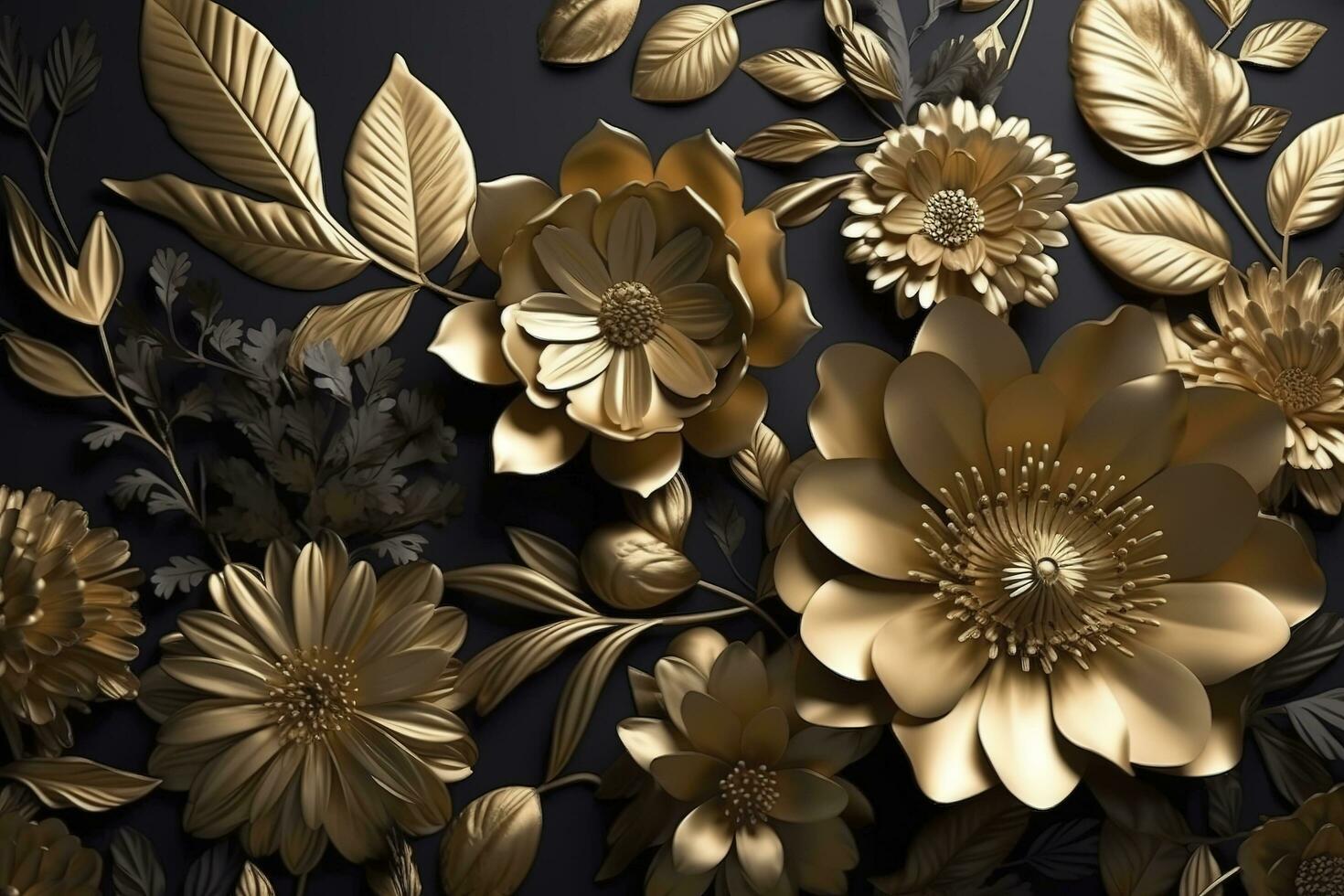 3d mural floral fond d'écran. d'or et noir fleurs et feuilles. 3d rendre Contexte mur décor, produire ai photo