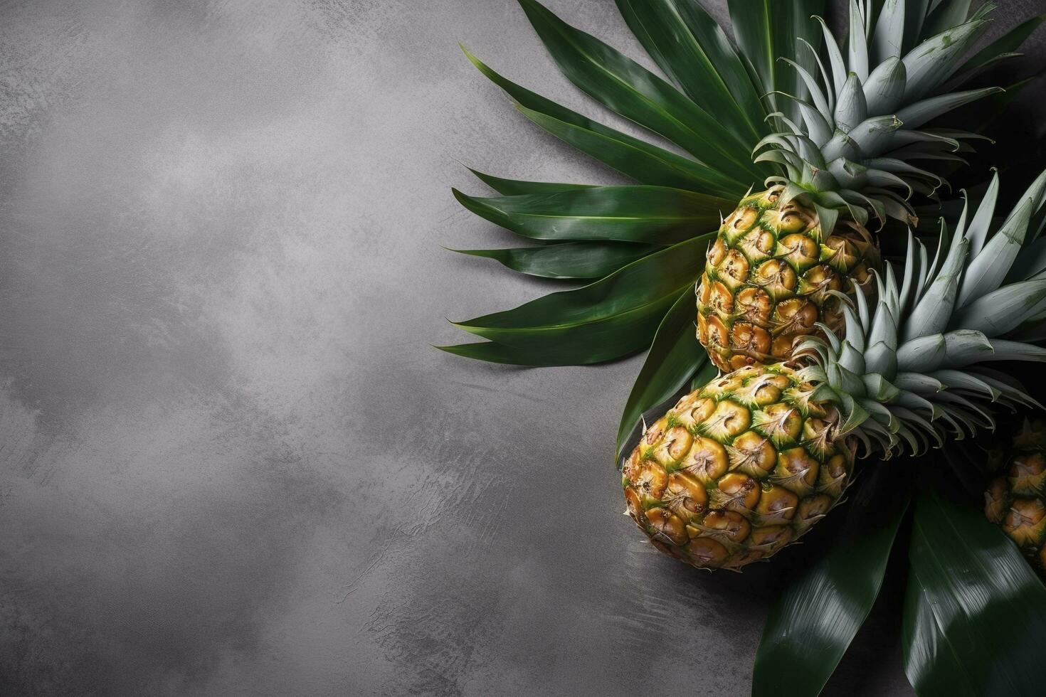 Frais ananas avec tropical feuilles sur gris Contexte. , produire ai photo