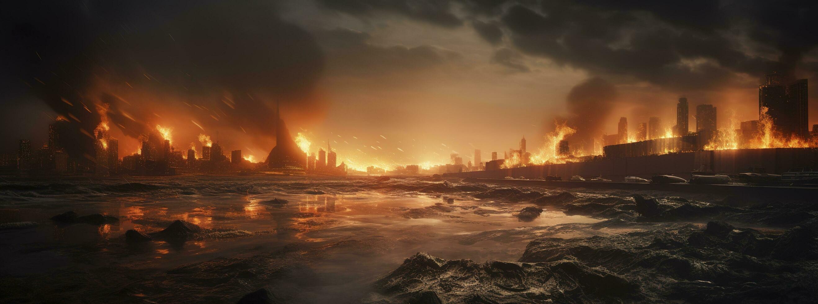 Publier apocalypse. nucléaire apocalypse survivant. ruiné paysage urbain. concept. bannière taille. entête, une nucléaire explosion dans le centre de le métropole. le début de apocalyptique, produire ai photo