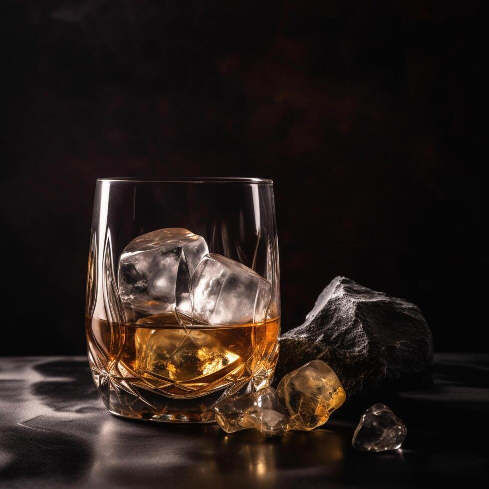 marron whisky avec la glace sur une foncé Contexte ai généré photo