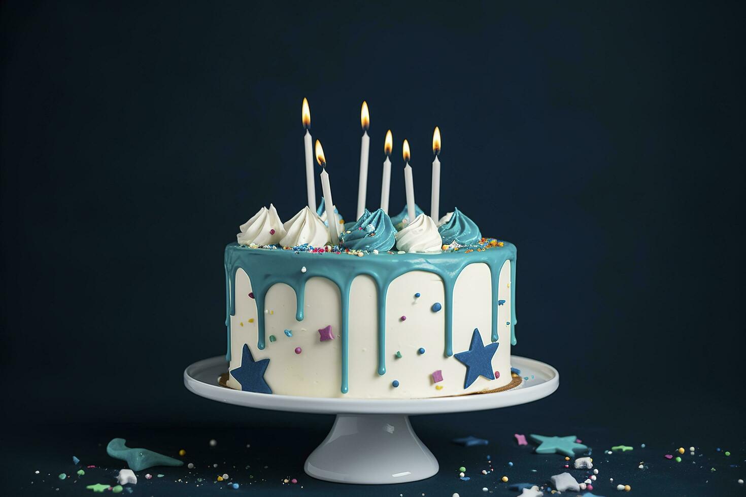 blanc anniversaire goutte gâteau avec sarcelle ganache, étoile surmatelas et amusement bougies plus de foncé bleu arrière-plan, produire ai photo