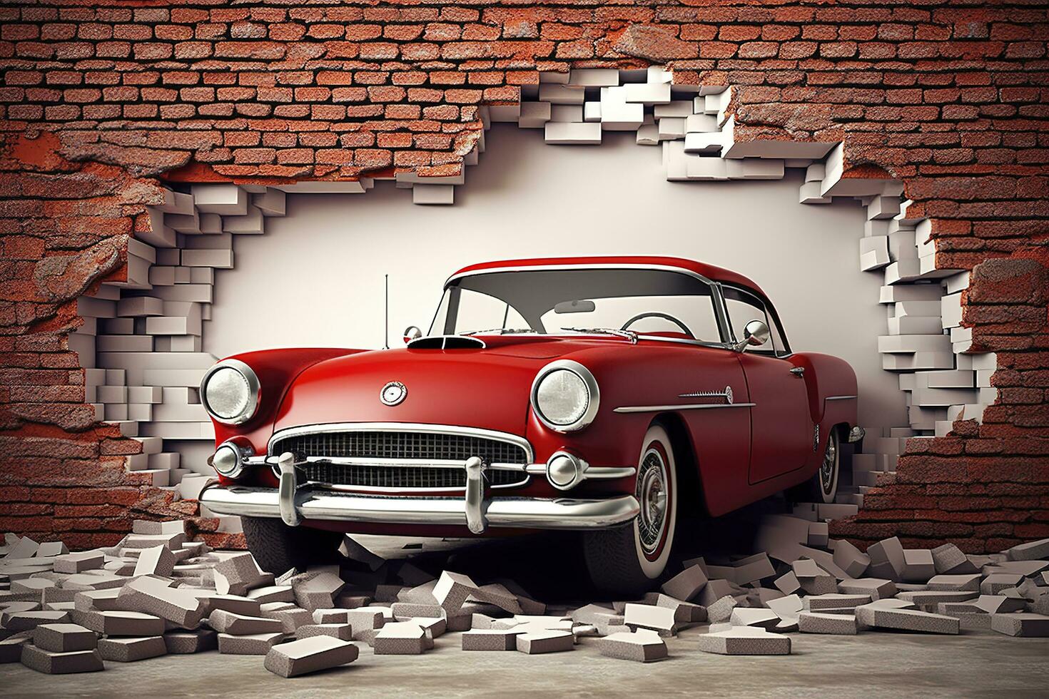 3d mural fond d'écran cassé mur briques et une classique rouge auto. monde carte dans une coloré Contexte. pour enfants et des gamins lit pièce fond d'écran, produire ai photo