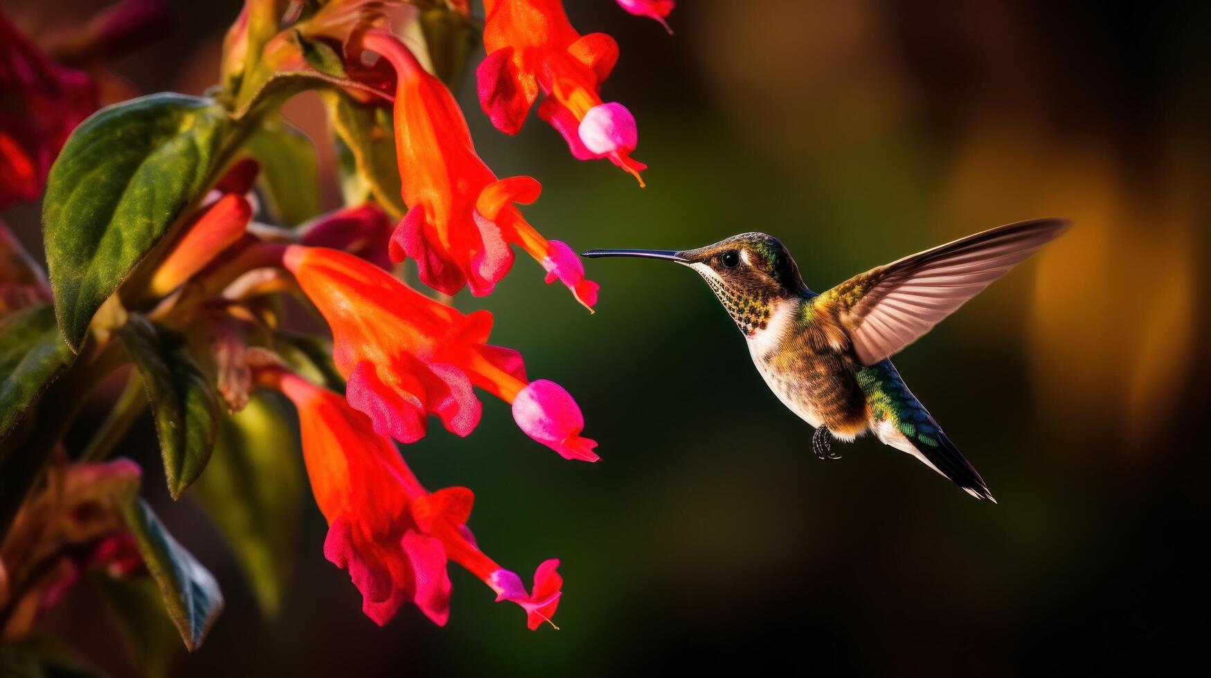 bourdonnement oiseau avec fleur. illustration ai génératif photo