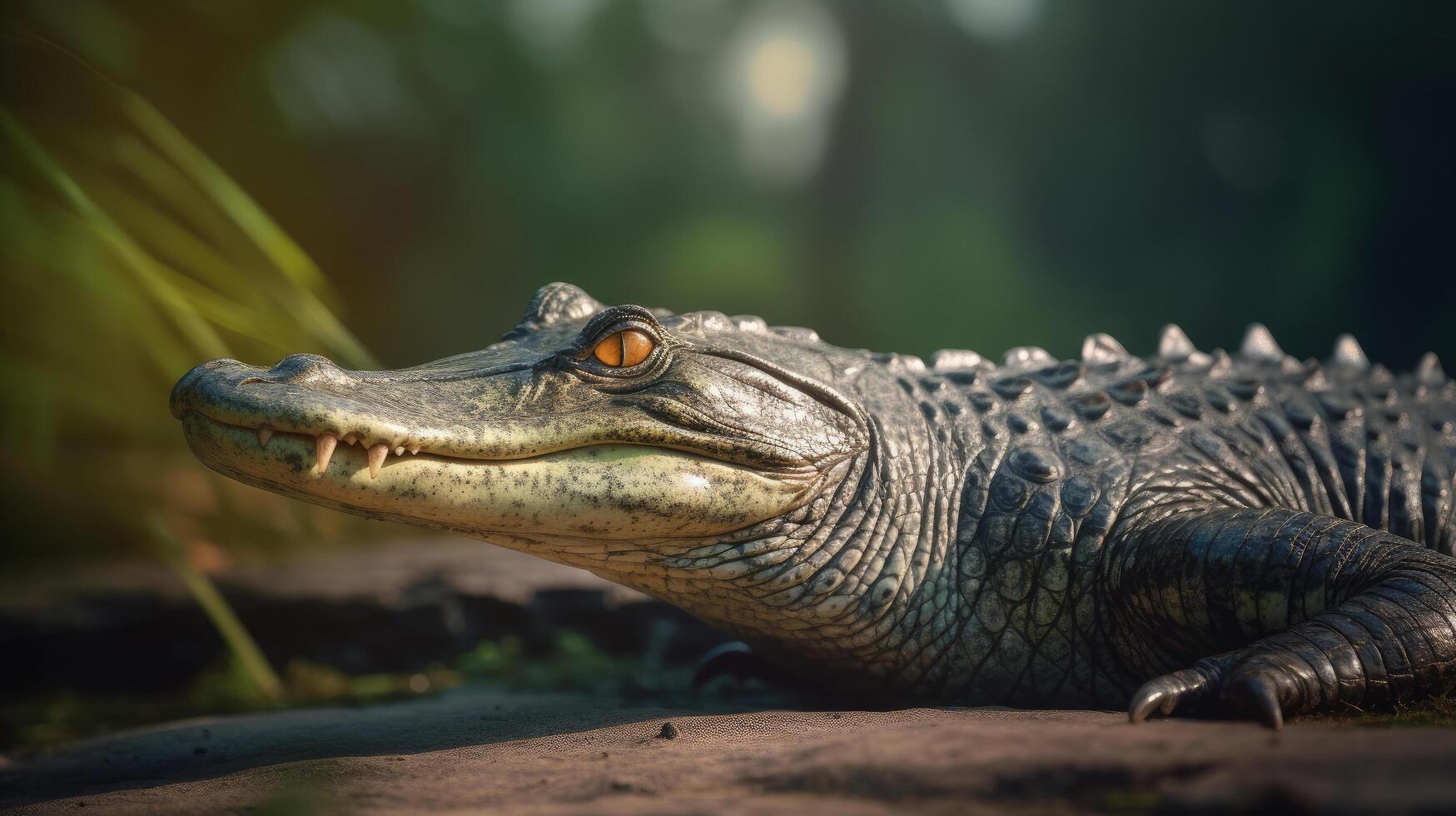 faux gavial avoir bain de soleil près ses étang illustration ai génératif photo