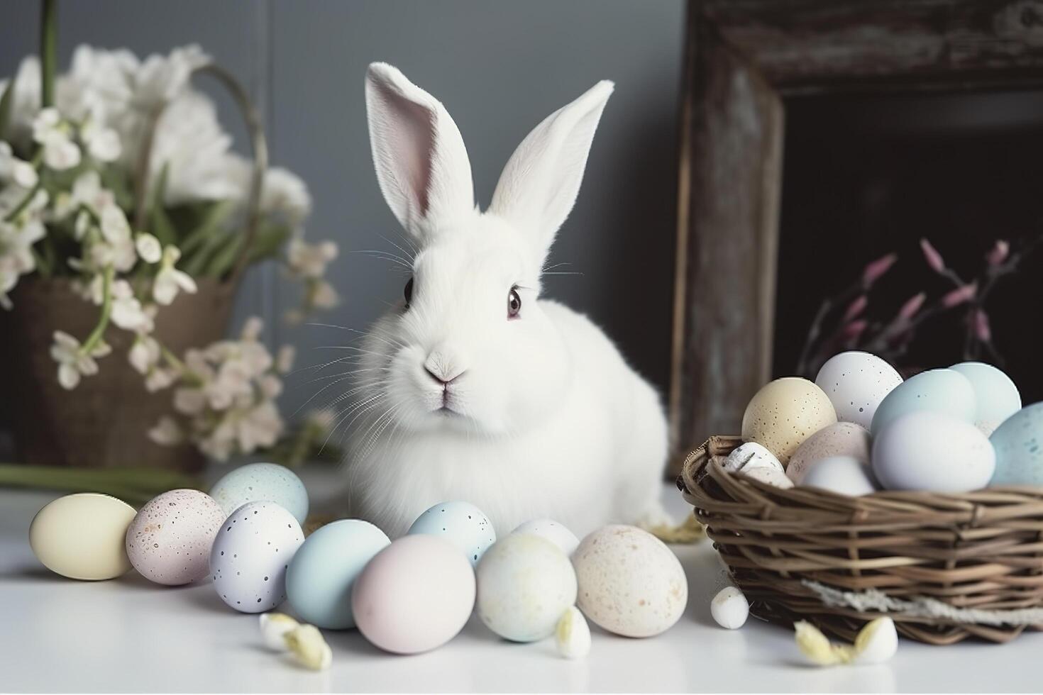 blanc lapin avec Pâques des œufs pour Pâques journée , génératif ai photo