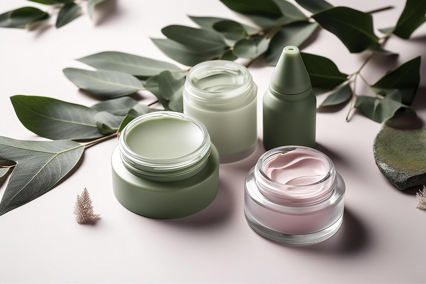 éco amical produits de beauté décoré avec vert feuilles, biologique faciale soins de la peau, maquillage et peau se soucier cosmétique articles. ai généré image. photo