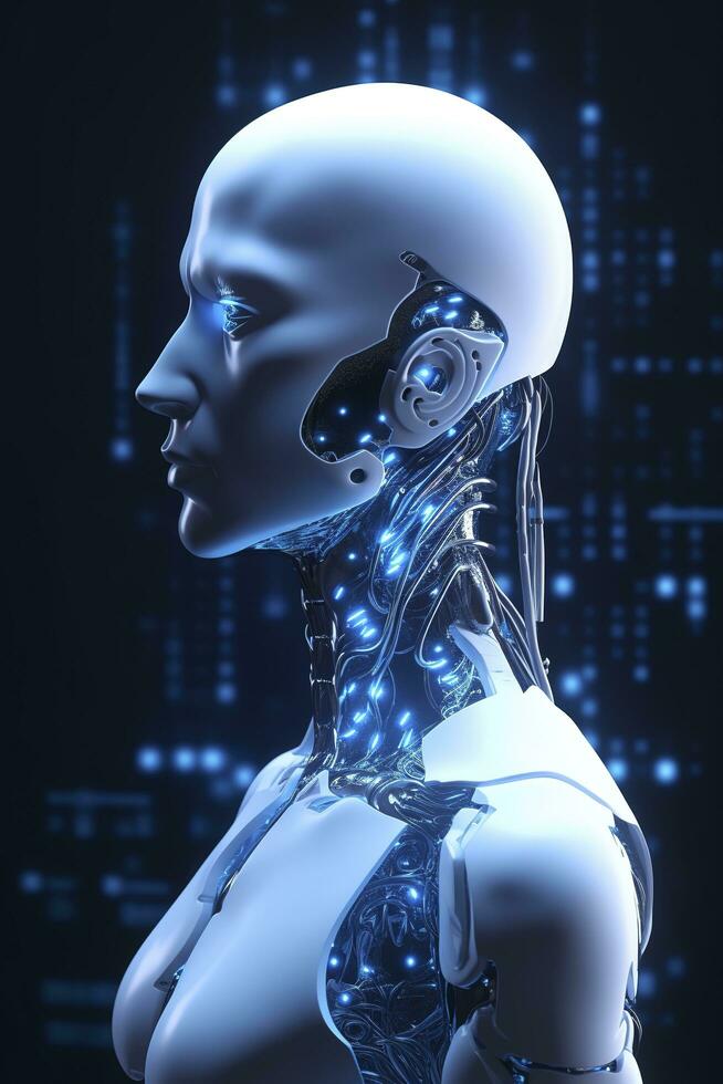 chatgpt, une en pensant robot, une humanoïde robot visages fermer futuriste moderne technologie chatbot assistance auto conversation, futur numérique La technologie ai artificiel intelligence concept, produire ai photo