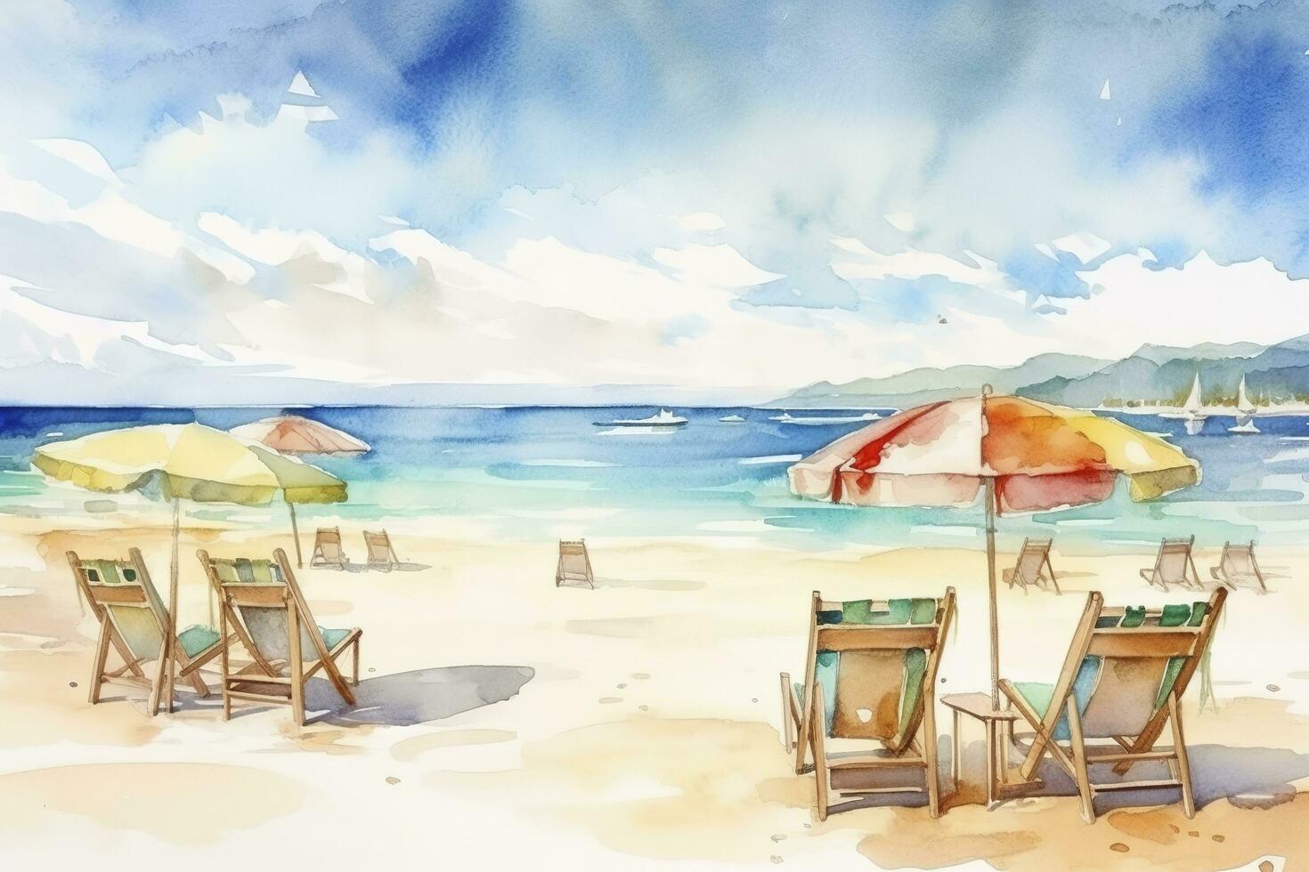 magnifique plage bannière. blanc sable, chaises, et parapluie Voyage tourisme large panorama Contexte concept. incroyable plage aquarelle paysage aquarelle peinture, produire ai photo