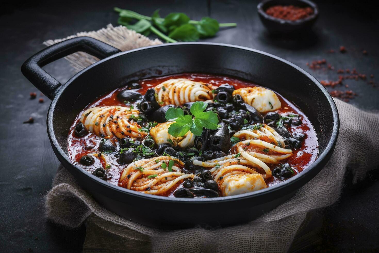 traditionnel italien spaghetti Al nero di sépia avec calamar encre dans tomate sauce servi comme fermer dans une fonte la poêle sur une en bois conseil, produire ai photo