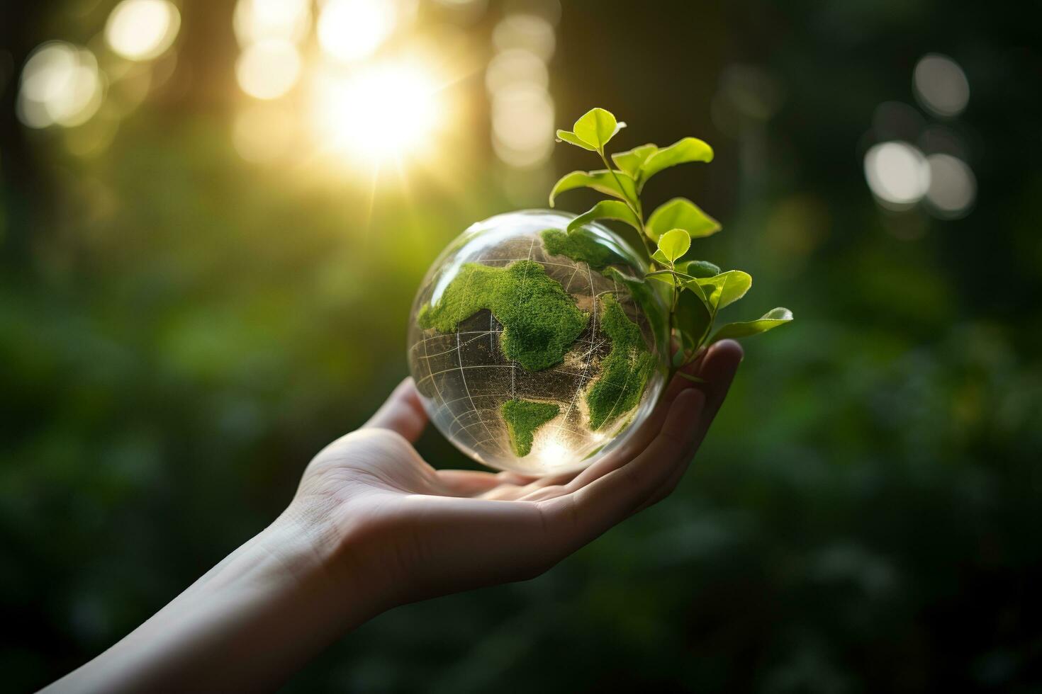 une enfant en portant une plante dans leur mains avec une vert Contexte et lumière du soleil brillant par le feuilles sur le usine, produire ai photo