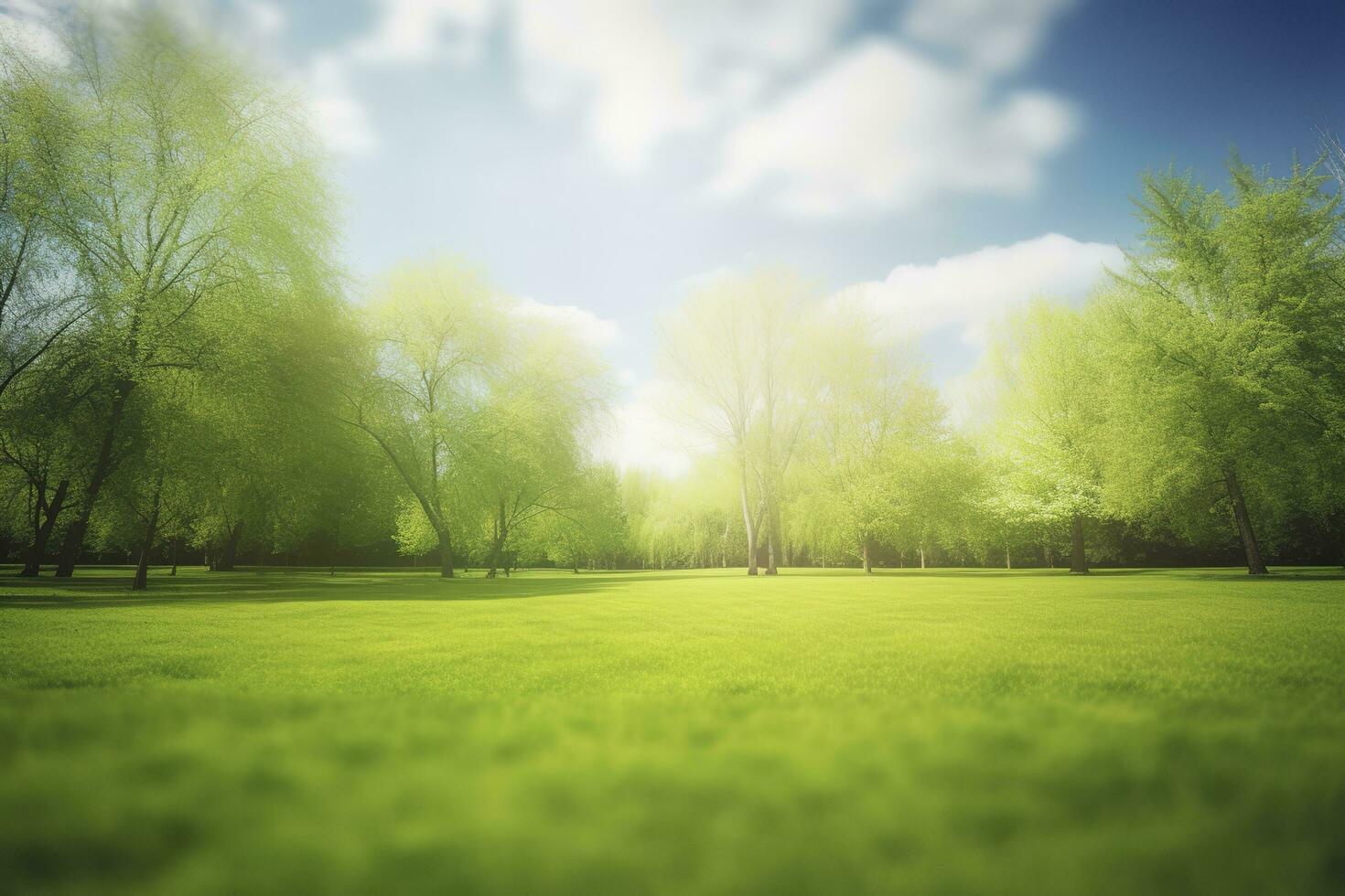 magnifique flou Contexte image de printemps la nature avec une soigneusement taillé pelouse entouré par des arbres contre une bleu ciel avec des nuages sur une brillant ensoleillé jour, produire ai photo