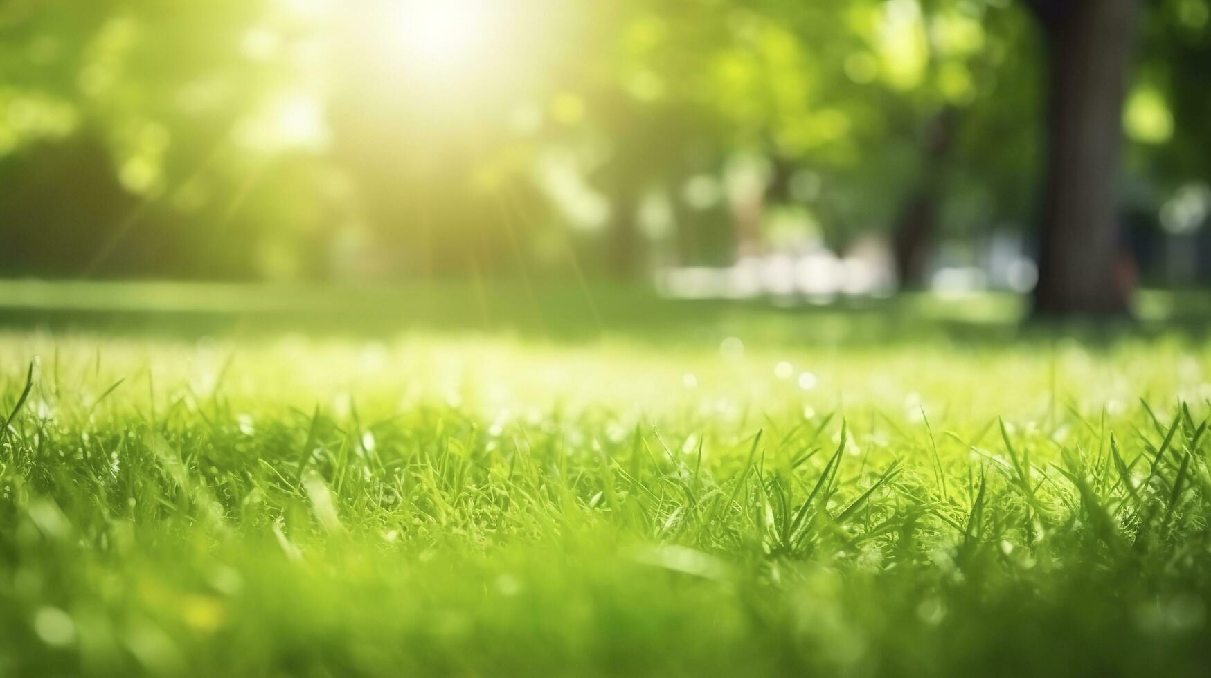 Frais vert jardin herbe pelouse dans printemps, été avec brillant bokeh de flou feuillage de printemps dans le arrière-plan, produire ai photo