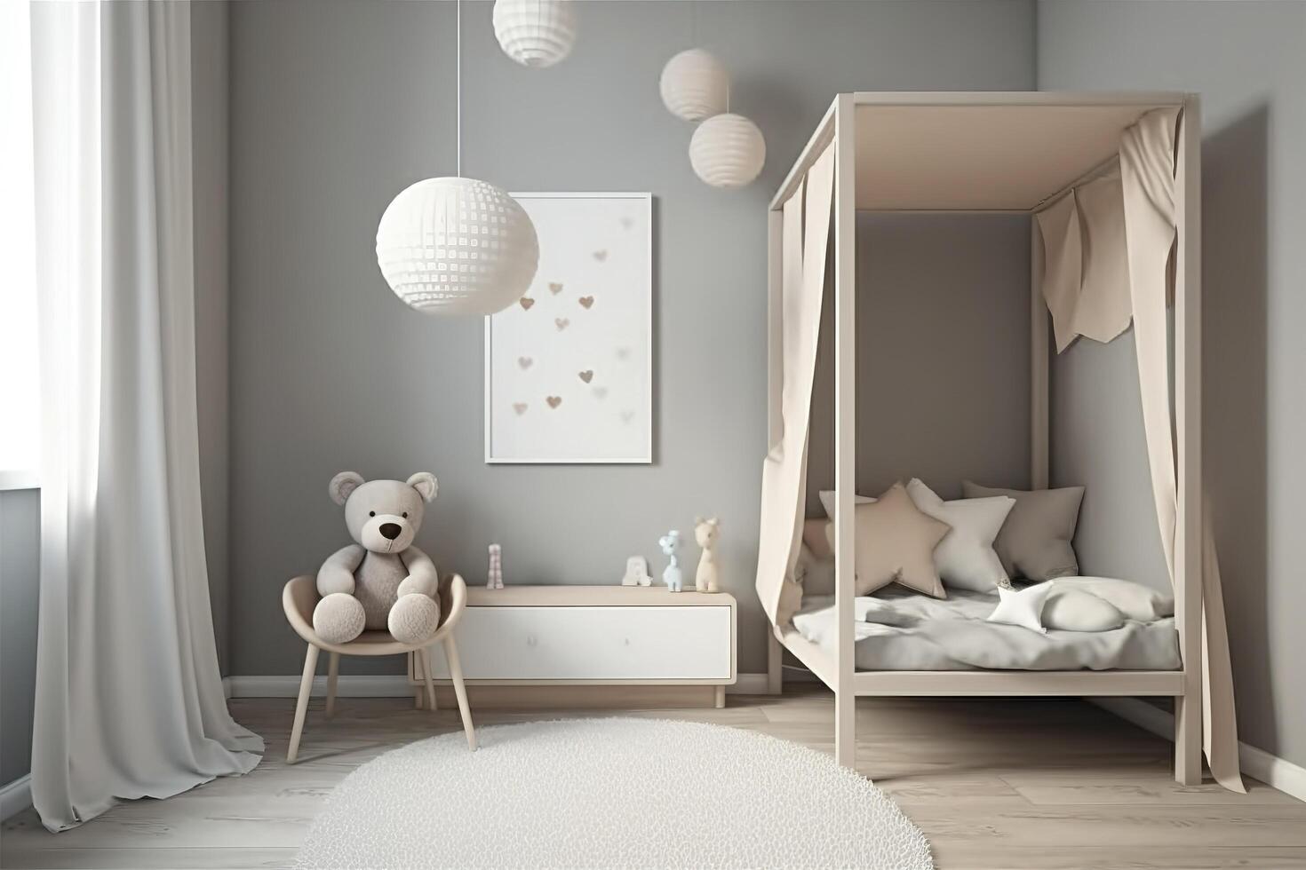 moderne minimaliste garderie pièce dans scandinave style. bébé pièce intérieur dans lumière couleurs, ai généré image photo