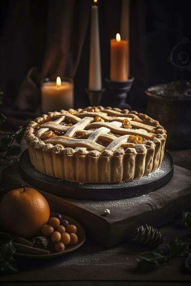 de face vue délicieux fruité tarte avec gelée sur une foncé Contexte biscuit sucré tarte four dessert cuire pâte sucre gâteau, produire ai photo