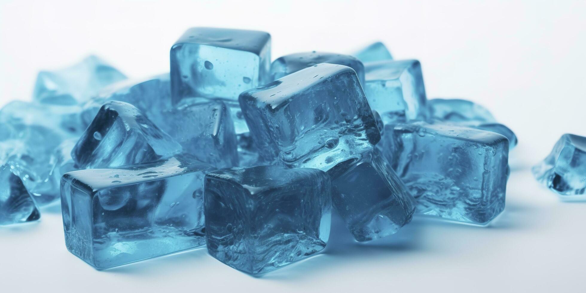 une grand sélection de la glace cubes sur une blanc arrière-plan, dans le style de Mike campau, lumière bleu, euhd image, fusion, mat photo, Icepunk, produire ai photo