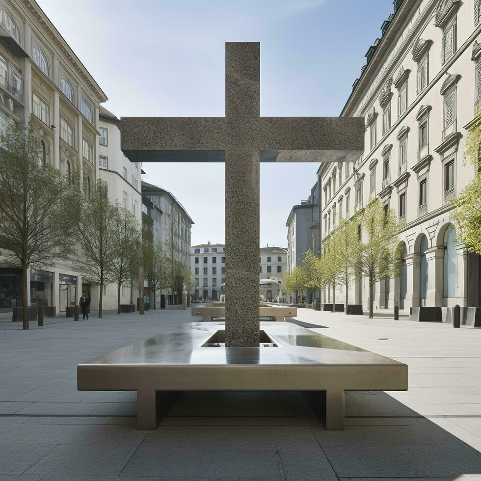 d'or lumière du soleil sur surface de le vieux catholique béton l'horloge la tour contre bleu ciel arrière-plan, produire ai photo