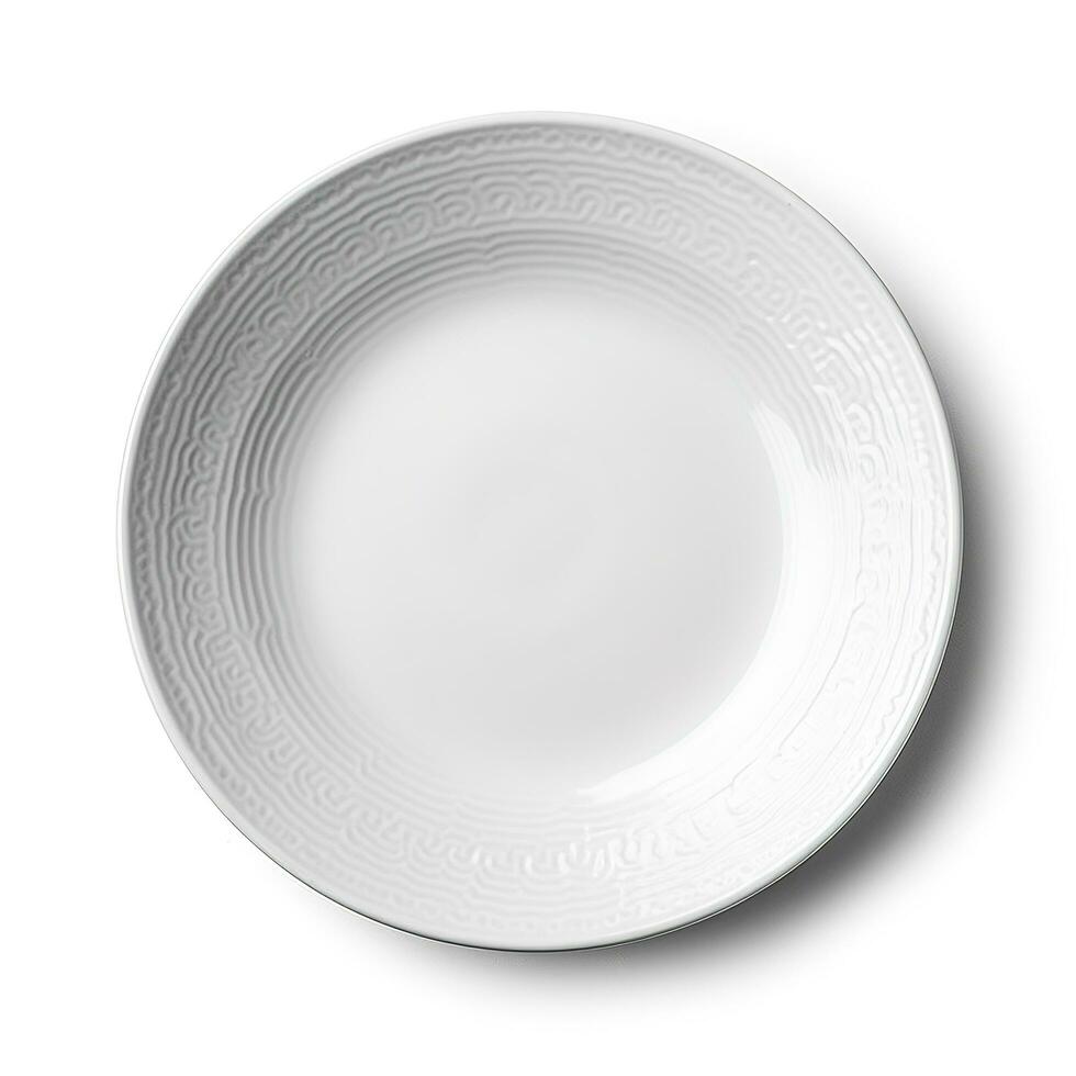 vide céramique rond assiette isolé sur blanc Contexte. vue de au-dessus de, produire ai photo