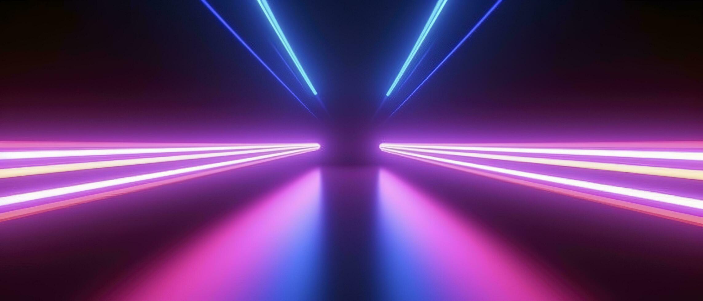 3d le rendu, arrondi rose bleu néon lignes, embrasé dans le sombre. abstrait minimaliste géométrique Contexte. ultra-violet spectre. cyber espace. futuriste fond d'écran, produire ai photo