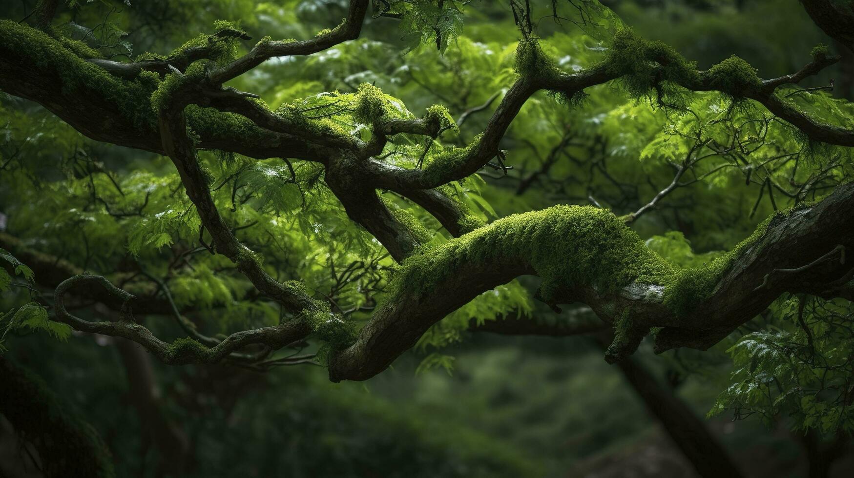 Terre journée et monde environnement jour, printemps, tropical arbre feuilles et branche avec magnifique vert forêt arrière-plan, produire ai photo