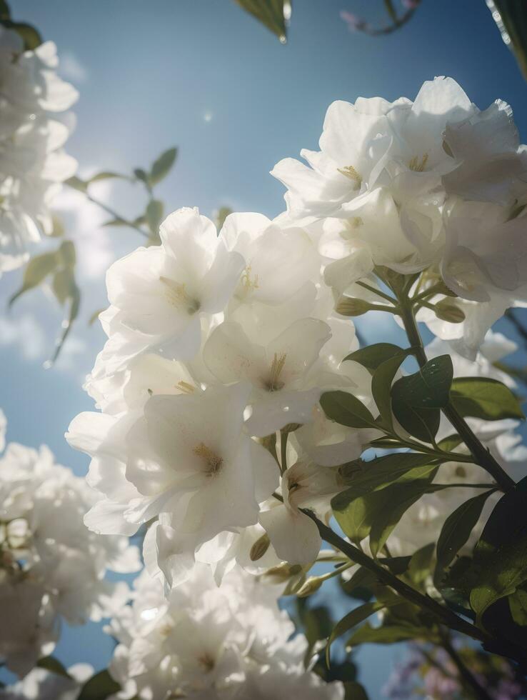 printemps le Cerise fleurs. millésime, avec bleu ciel arrière-plan, produire ai photo