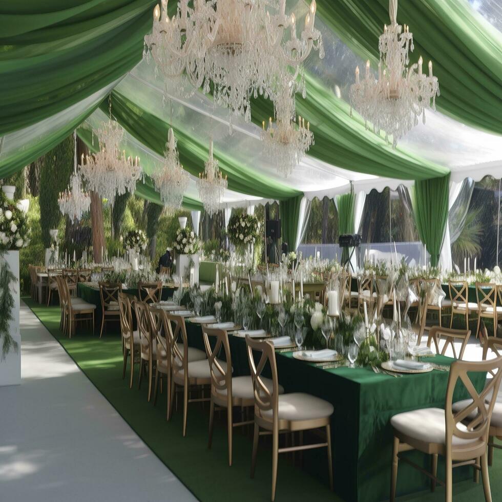 Extérieur été mariage tente décoré avec pendaison tissu, verdure, et cristal lustres, mariage accueil les tables , générer ai photo