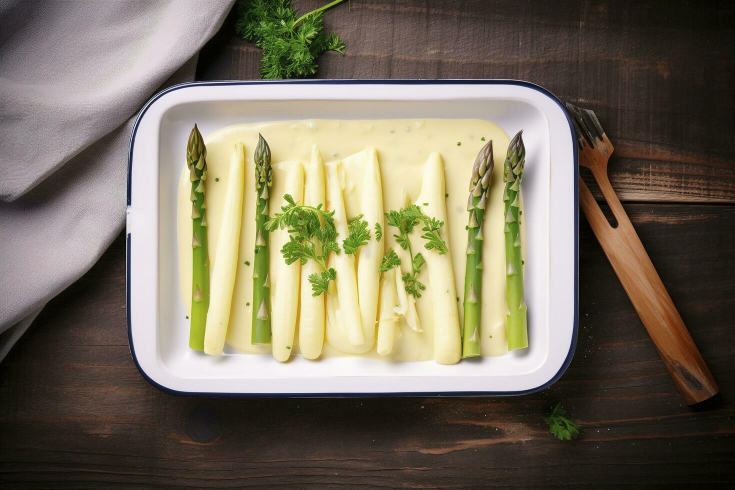 traditionnel à la vapeur blanc asperges avec Hollandaise sauce et herbes comme une Haut vue dans un émail plateau sur un vieux bois table avec copie espace sur le droite, produire ai photo