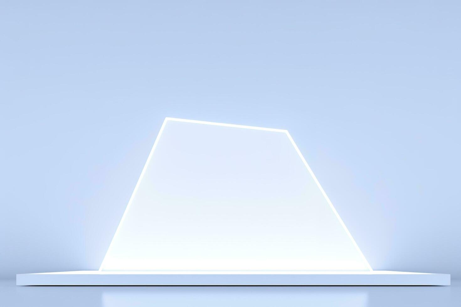 réaliste podium afficher avec néon blanc lumières, produit afficher Contexte avec lumière cadre, blanc prodium produit afficher avec lumière effet, néon lumières arrière-plan, produire ai photo