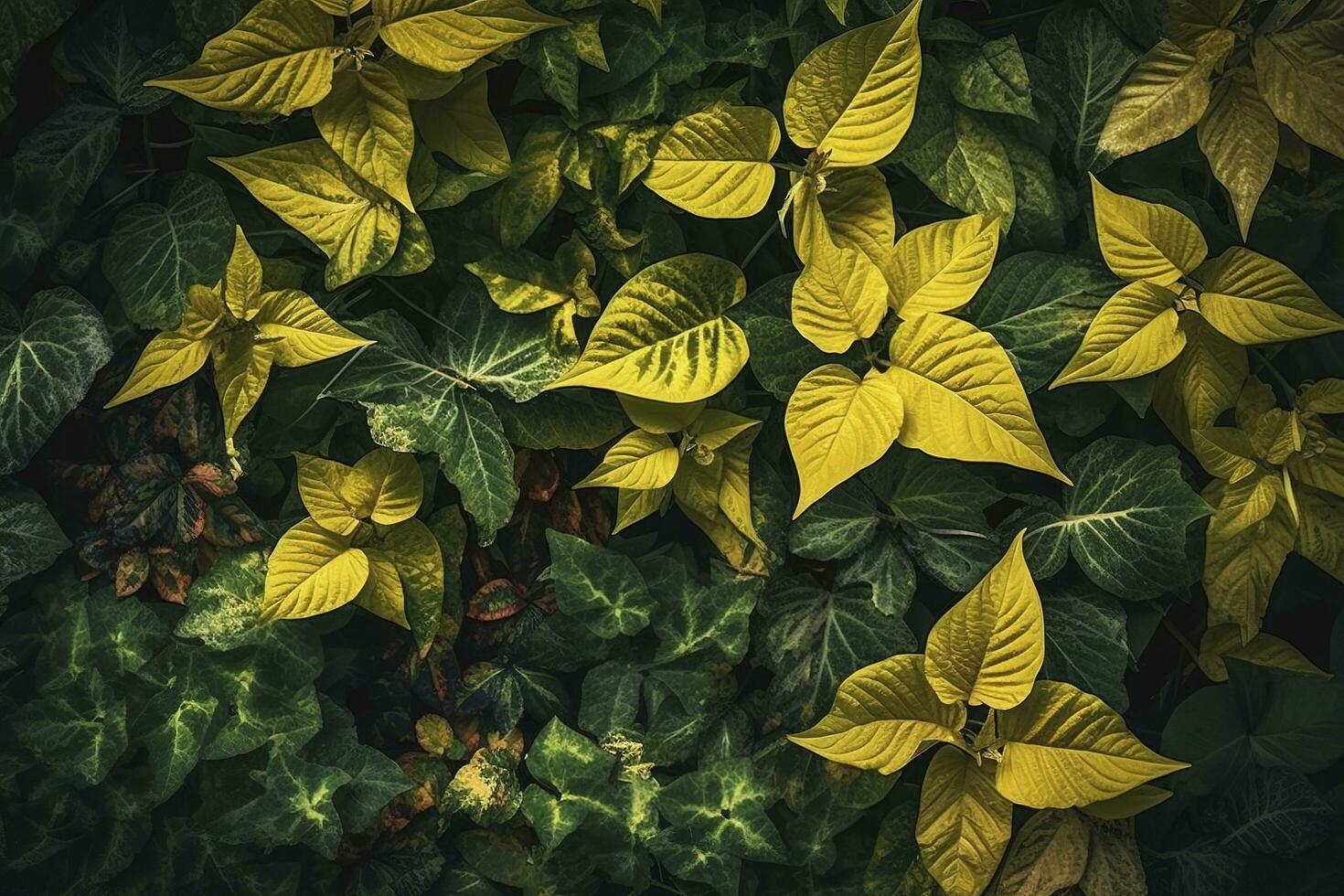 feuillage Contexte avec une variété de vibrant plante feuilles montrant une diverse écosystème et le la biodiversité de la nature avec unique or plante feuilles. Terre journée Contexte. , produire ai photo