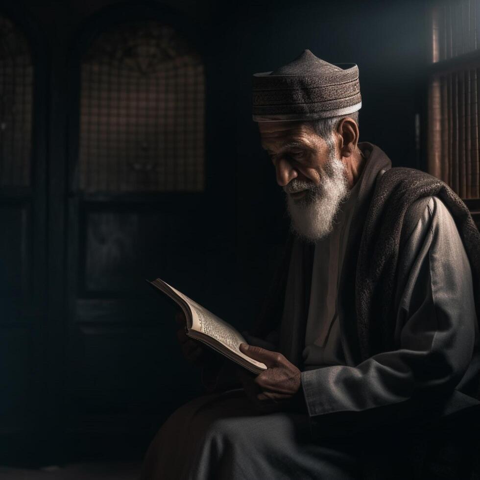 musulman aîné séance dans mosquée en train de lire coran ai généré photo