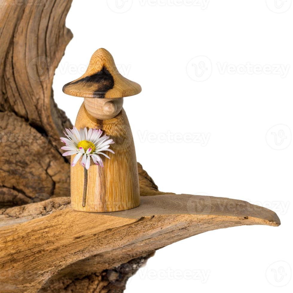 Gnome en bois tourné avec une marguerite à la main se dresse sur une vieille souche d'arbre photo