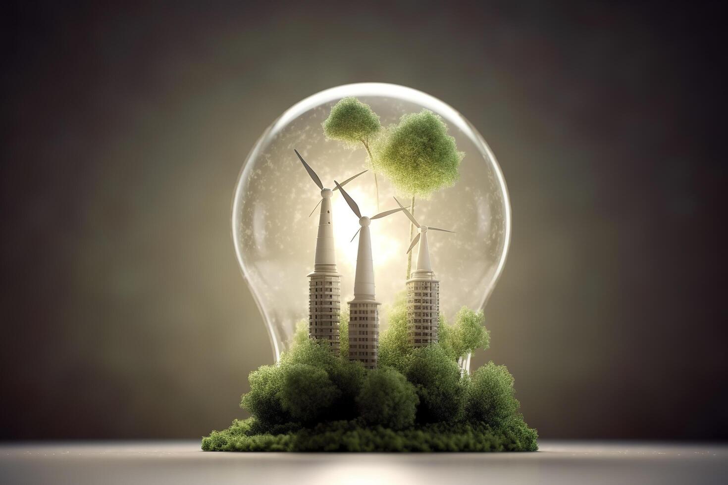 énergie consommation et CO2 gaz les émissions sont en augmentant lumière ampoules avec vert éco ville, renouvelable énergie par 2050 carbone neutre énergie, enregistrer énergie Créatif idée concept, génératif ai. photo
