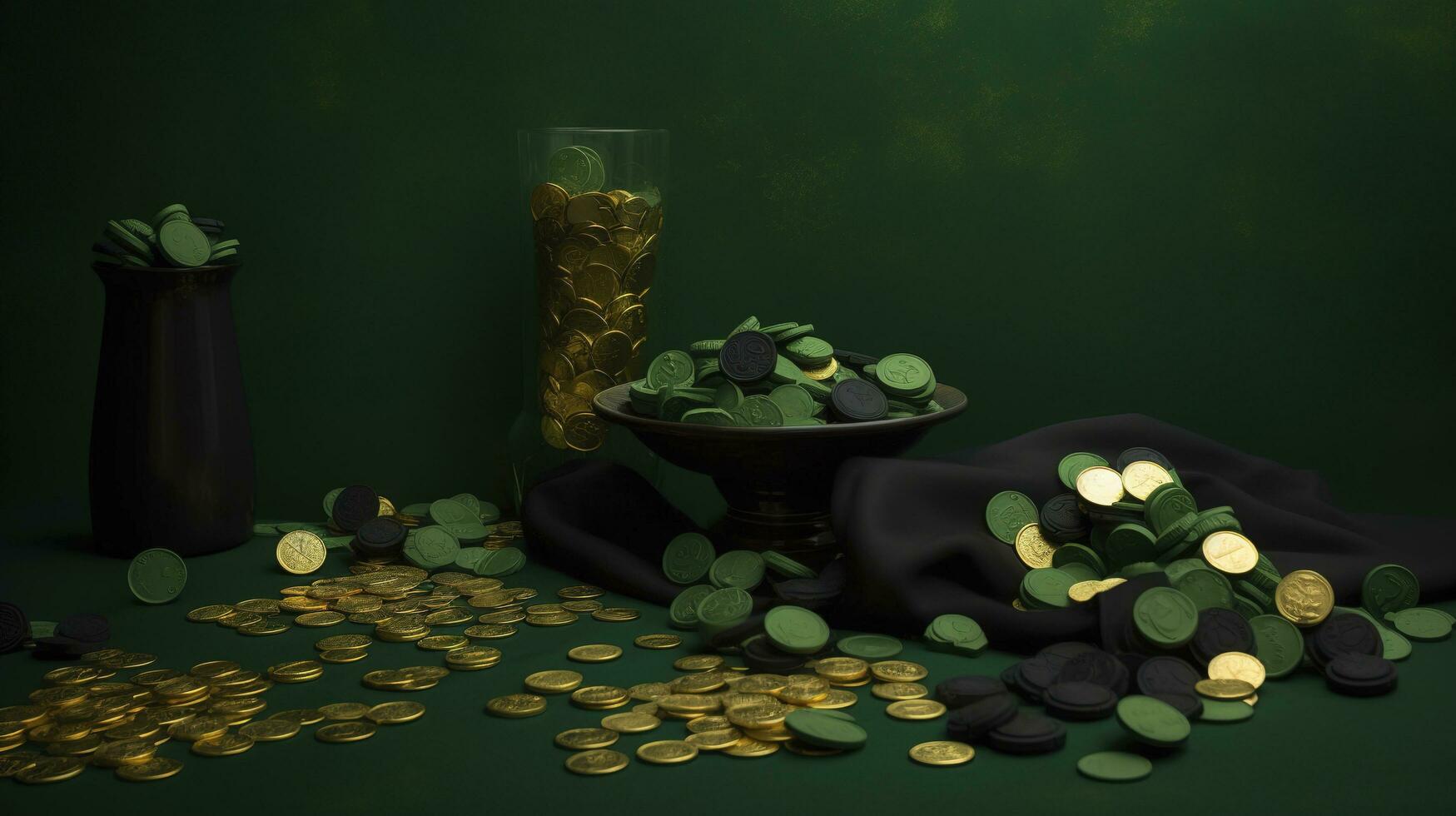 Saint patrick's journée concept. Haut vue photo de lutin casquette présent des boites pot avec or pièces de monnaie nœud papillon trèfles et confettis sur isolé vert Contexte avec Vide espace , produire ai