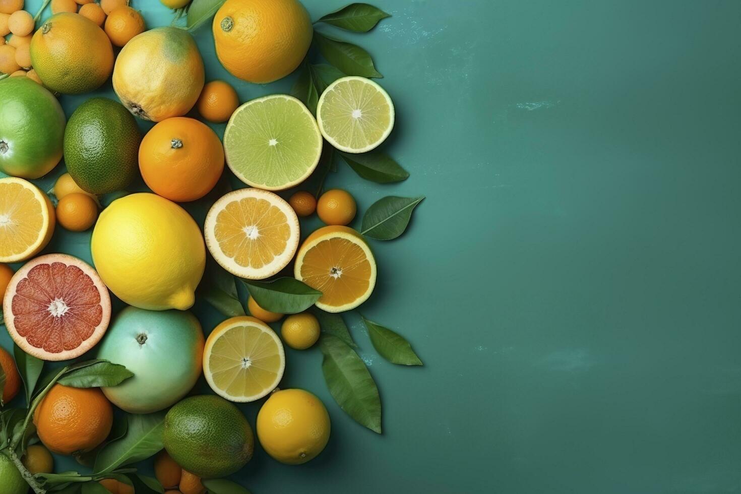 agrumes paradis concept. Haut vue de juteux des oranges, citrons, citrons verts et Pamplemousses sur turquoise Contexte avec vide espace pour promotionnel texte, produire ai photo