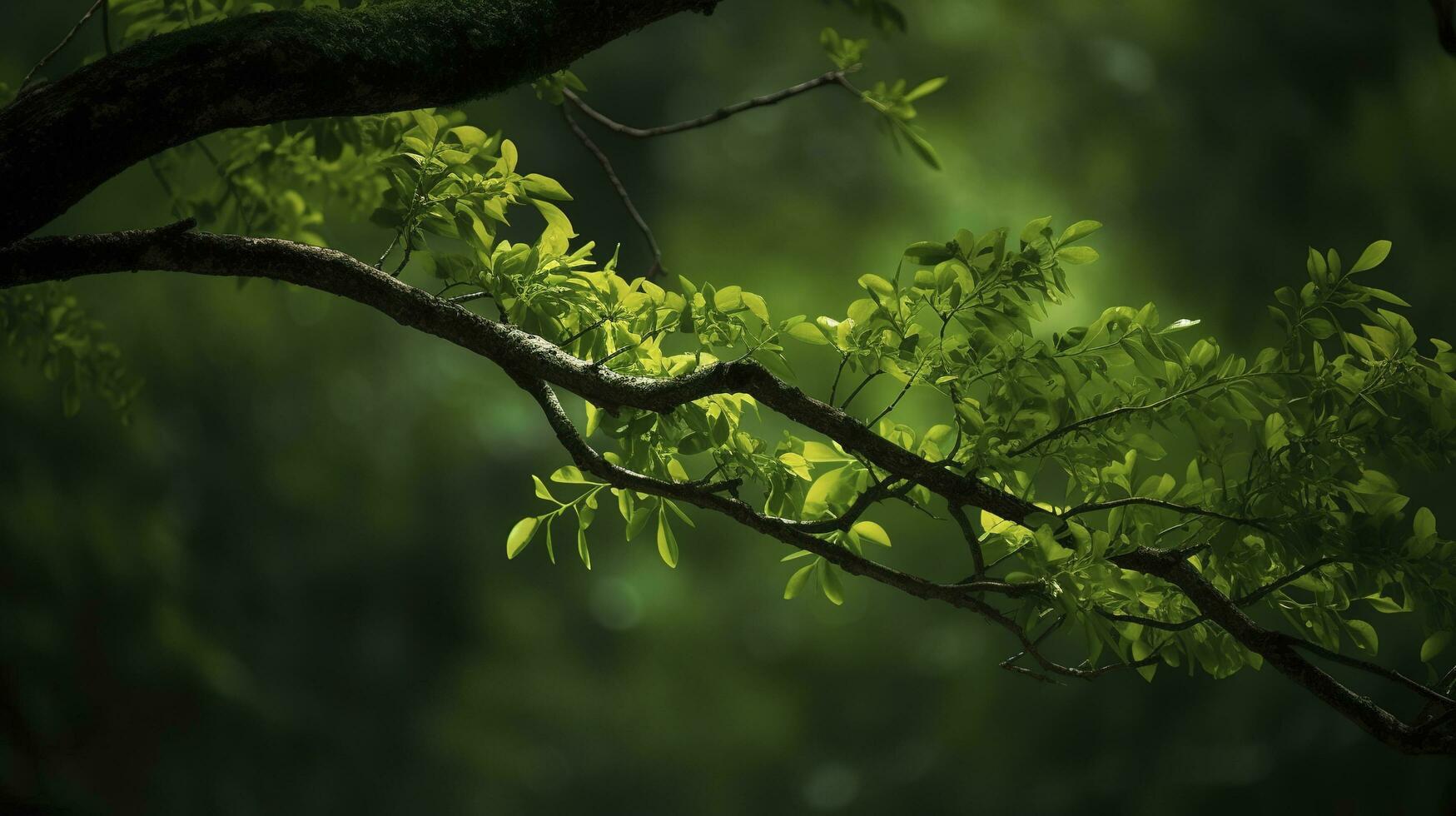 Terre journée et monde environnement jour, printemps, tropical arbre feuilles et branche avec magnifique vert forêt arrière-plan, produire ai photo